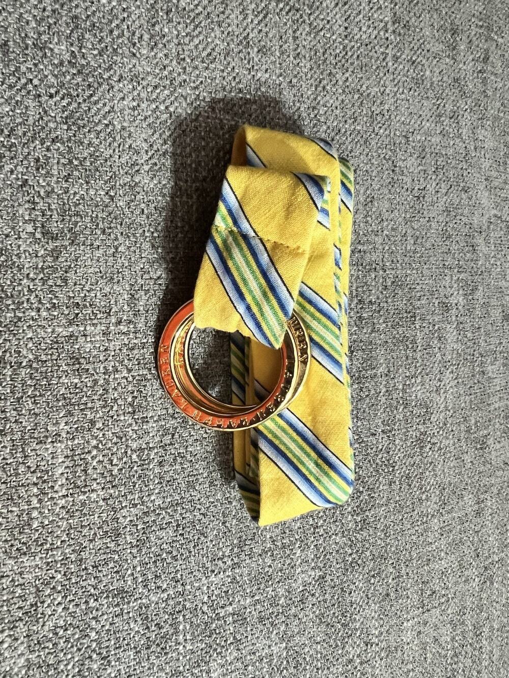 LAUREN RALPH LAUREN 100% Linen Double O Gold Tone Yellow Blue Green Stripes Belt